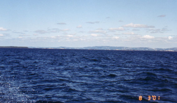 [Photo: View of Killarney region from several miles offshore in Georgian Bay]