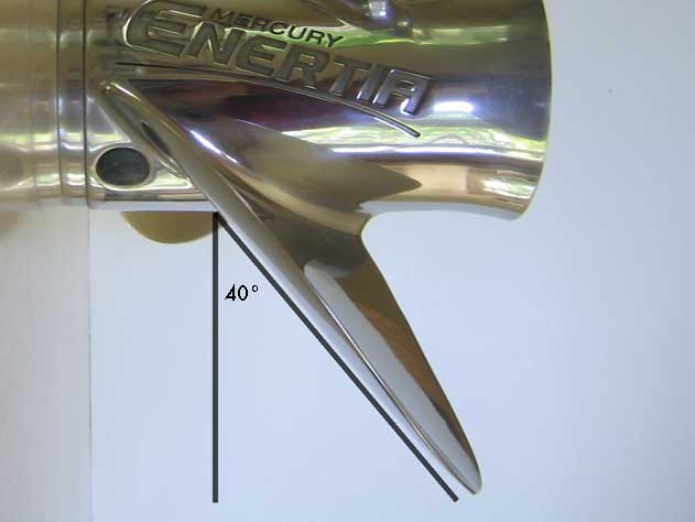 Photo: Mercury ENERTIA propeller in side view showing rake angle of blades