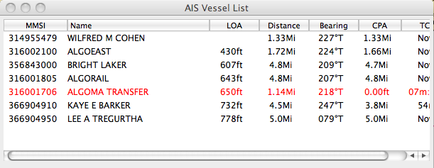 Screen capture of AIS Vessel listing
