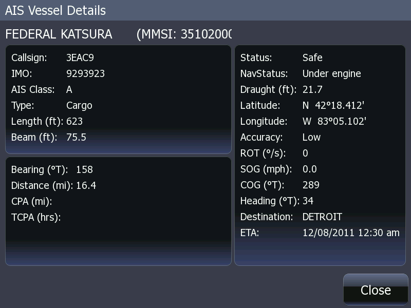 Screen capture of HDS-8 showing AIS vessel information screen
