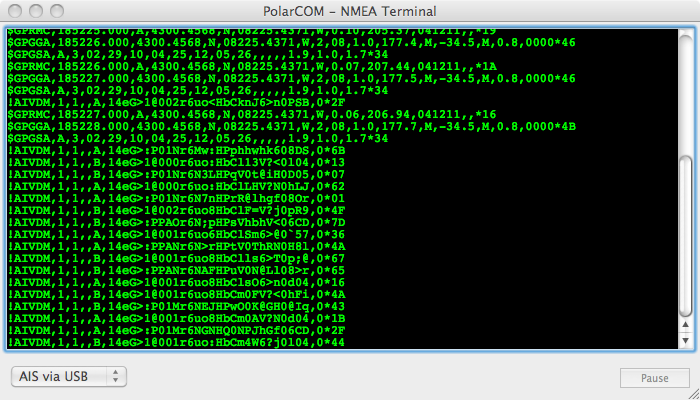 Screen capture of NMEA terminal window in PolarCOM.