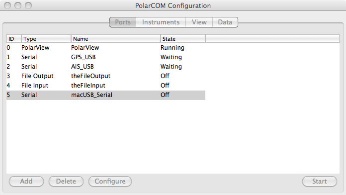 Screen capture of PolarCOM configuration window
