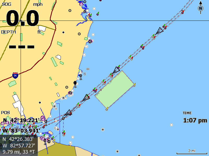 Screen shot of HDS-8 showing four vessels from AIS data in a row.