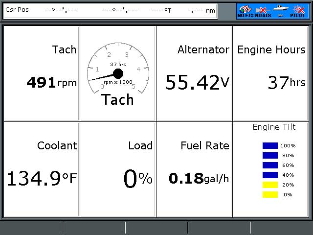 Graphic: Screen shot of Raymarine A57D showing E-TEC engine data sent via NMEA-2000 network.