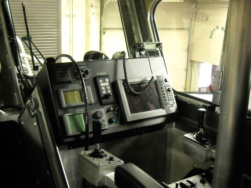 Photo: Helm position of United States Coast Guard 45-foot Response Boat with Rolls-Royce water jet propulstion and joystick controls