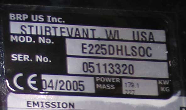 Photo: Manufacturer's label on 2005 E-TEC 225 H.O.