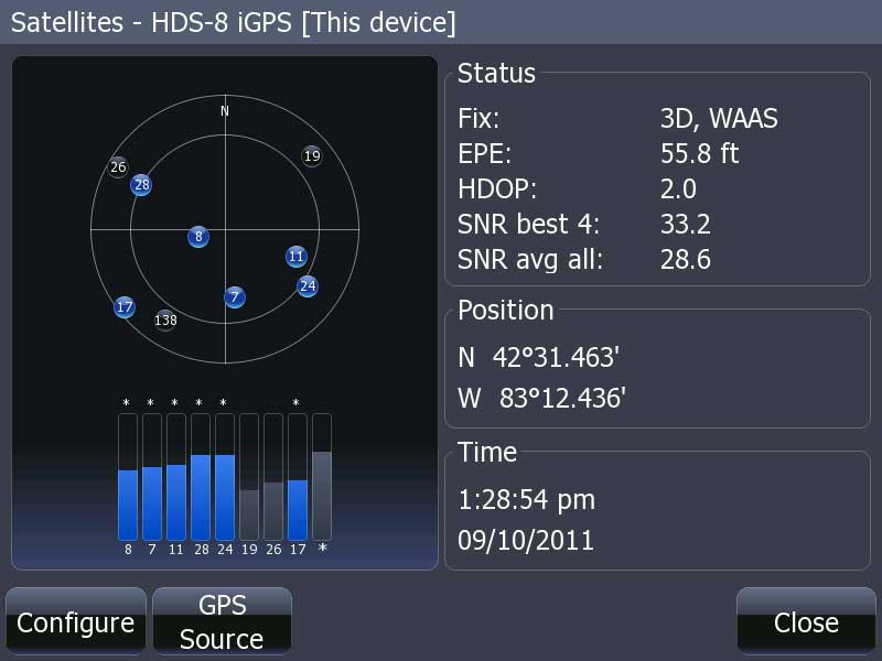 Screen capture from HDS-8 showing satellites being received