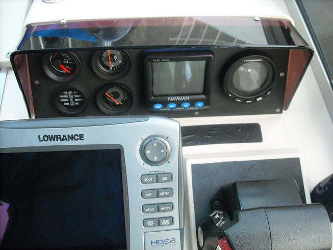 Lowrance HDS-8 on Boston Whaler REVENGE 22 helm, elevated view.
