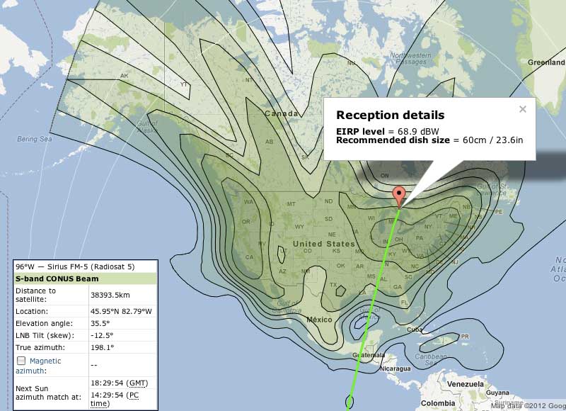 Diagram showing downlink footprint of Sirius FM-5 on North America