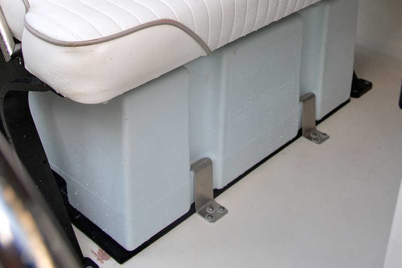 Photo: Moeller 24-gallon fuel tank installed under Boston Whaler reversible pilot seat, forward view