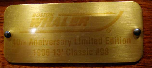 Photo: Boston Whaler 40th Anniversary Edition 13-foot boat plaque attached to console with serial number.