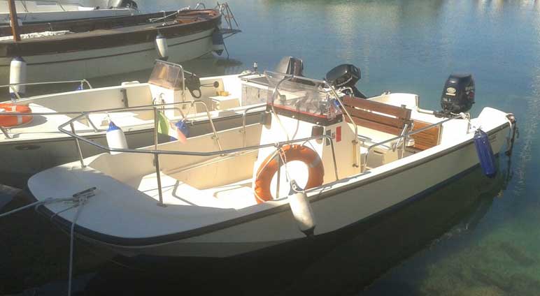View of 17-foot Center Console outboard boat that resembles a Boston Whaler MONTAUK.