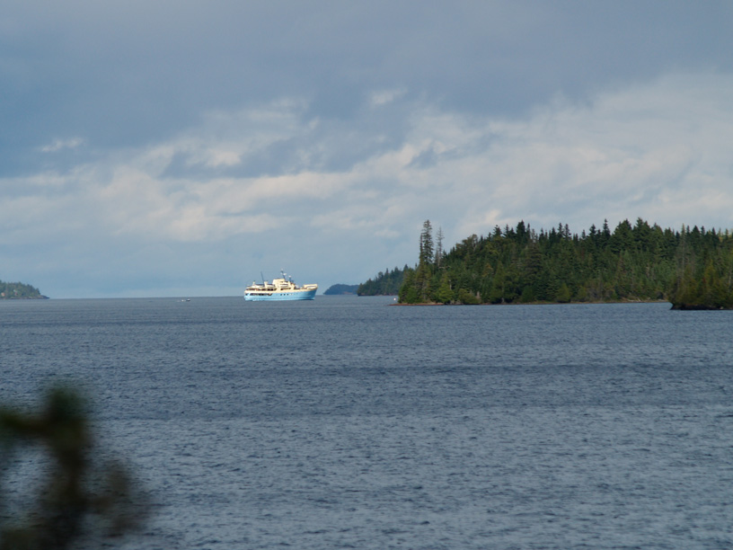 Photo: M/V RANGER II caught in sunlight departing Rock Harbor, Isle Royale, Lake Superior.