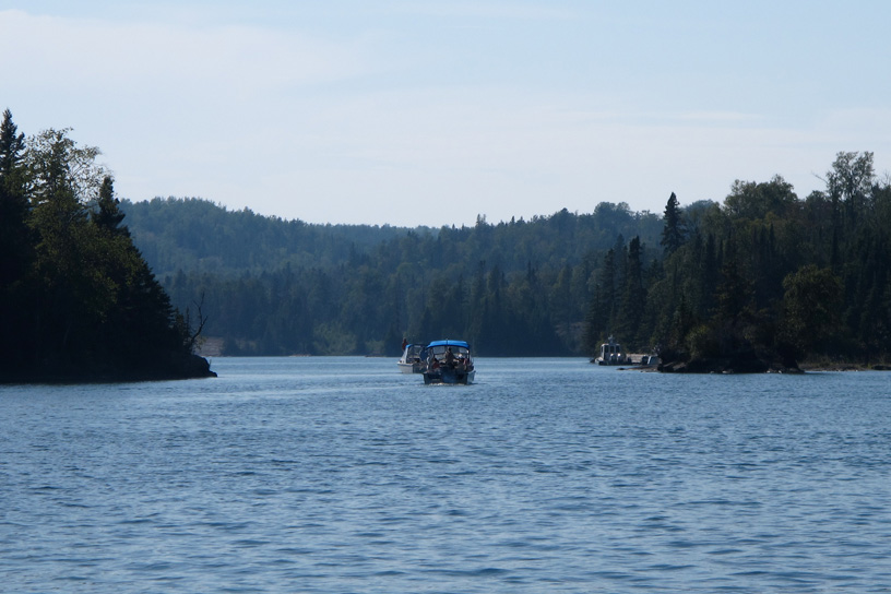 Photo: Boats approaching dock at Chippewa Harbor, Isle Royale, Lake Superior.