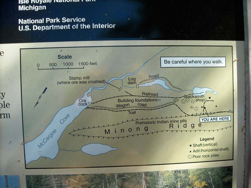 Photo: Park Service sign and map showing trail to Minong Mines, north shore of Isle Royale, Lake Superior.