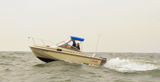 [Photo: 1987 Whaler 20 Revenge W.T. in Lake Michigan Waves]