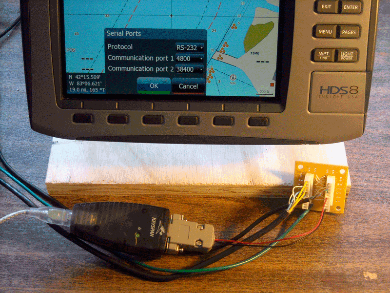 Photo: HDS-8, Keyspan HS-19, and NMEA-0183 serial interface wiring.