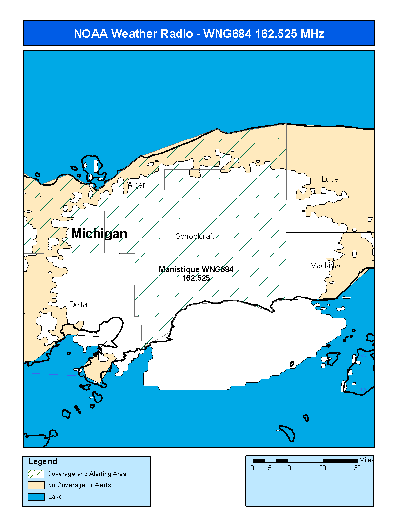 Plot of estimated signal strength verses range for WNG684 in Smith Lake, Michigan. Original source http://www.nws.noaa.gov/