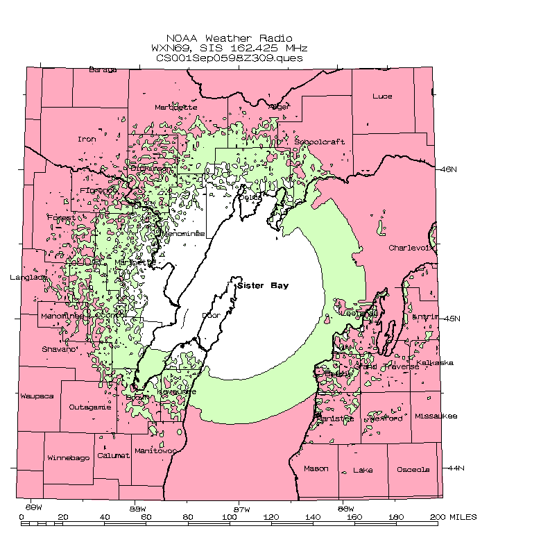Plot of estimated signal strength verses range for WXN69 in Sister Bay, Wisconsin. Original source http://www.nws.noaa.gov/nwr/wi/sisterbay.gif