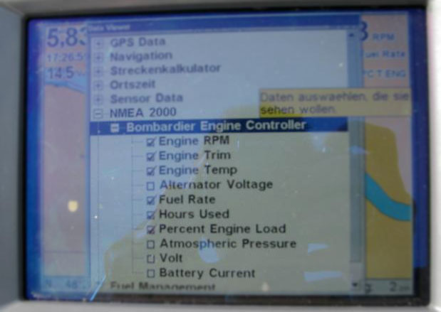 Screen of Lowrance device showing NMEA-2000 data selector