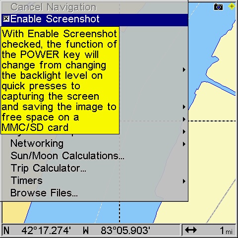 Screen capture Lowrance LMS-520c pop-up explanation of new screen capture feature