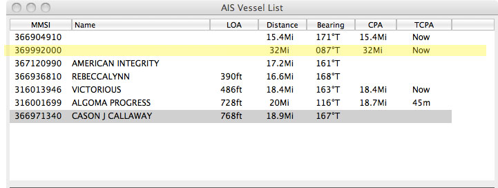 Screen capture: Range and bearing to target vessels received by AIS.