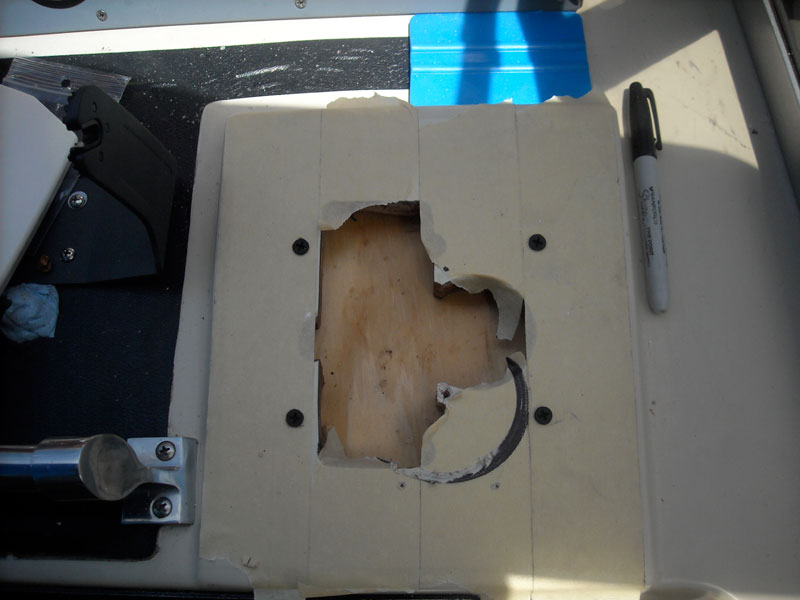 Photo: Helm console marked and ready to drill new holes for new controls.