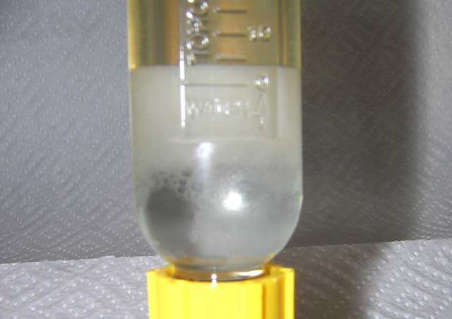 Photo: phase boundary of gasoline and water with calibrated test cylinder graduations.