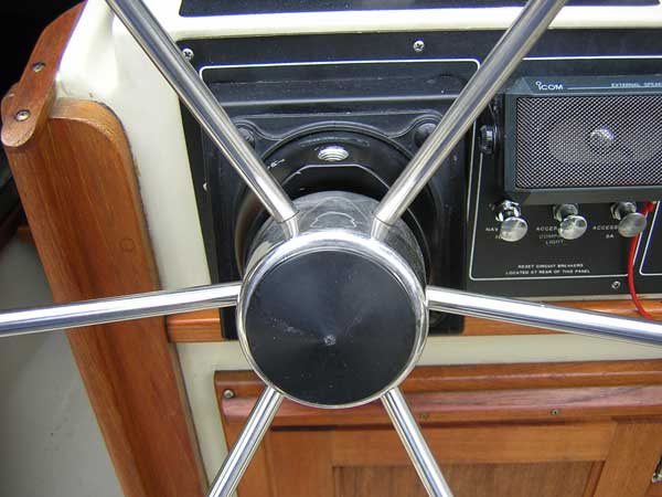 [Photo: Grant Six-Spoke Steering Wheel on Boston Whaler helm]