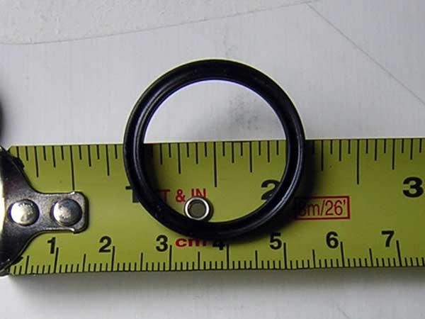 [Photo: Close-up of removed seal against ruler for size measurement]